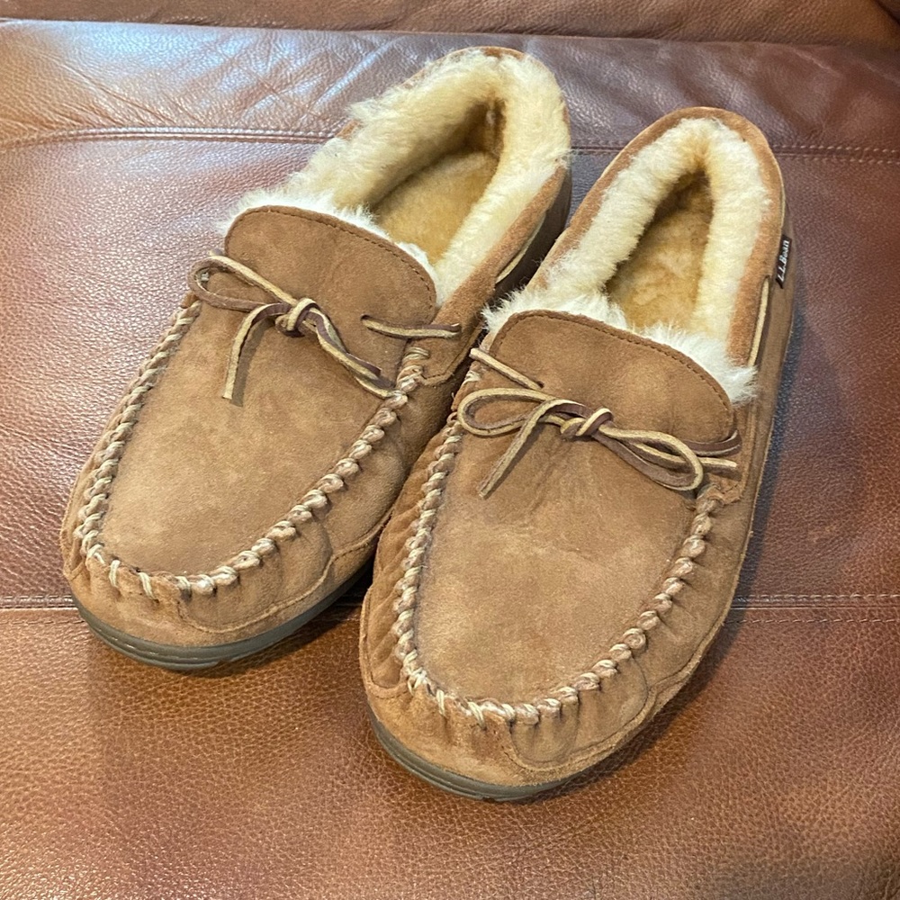 L.L. Bean Tan Leather “Wicked Good” Moccasin Slippers Size 12 Men’s